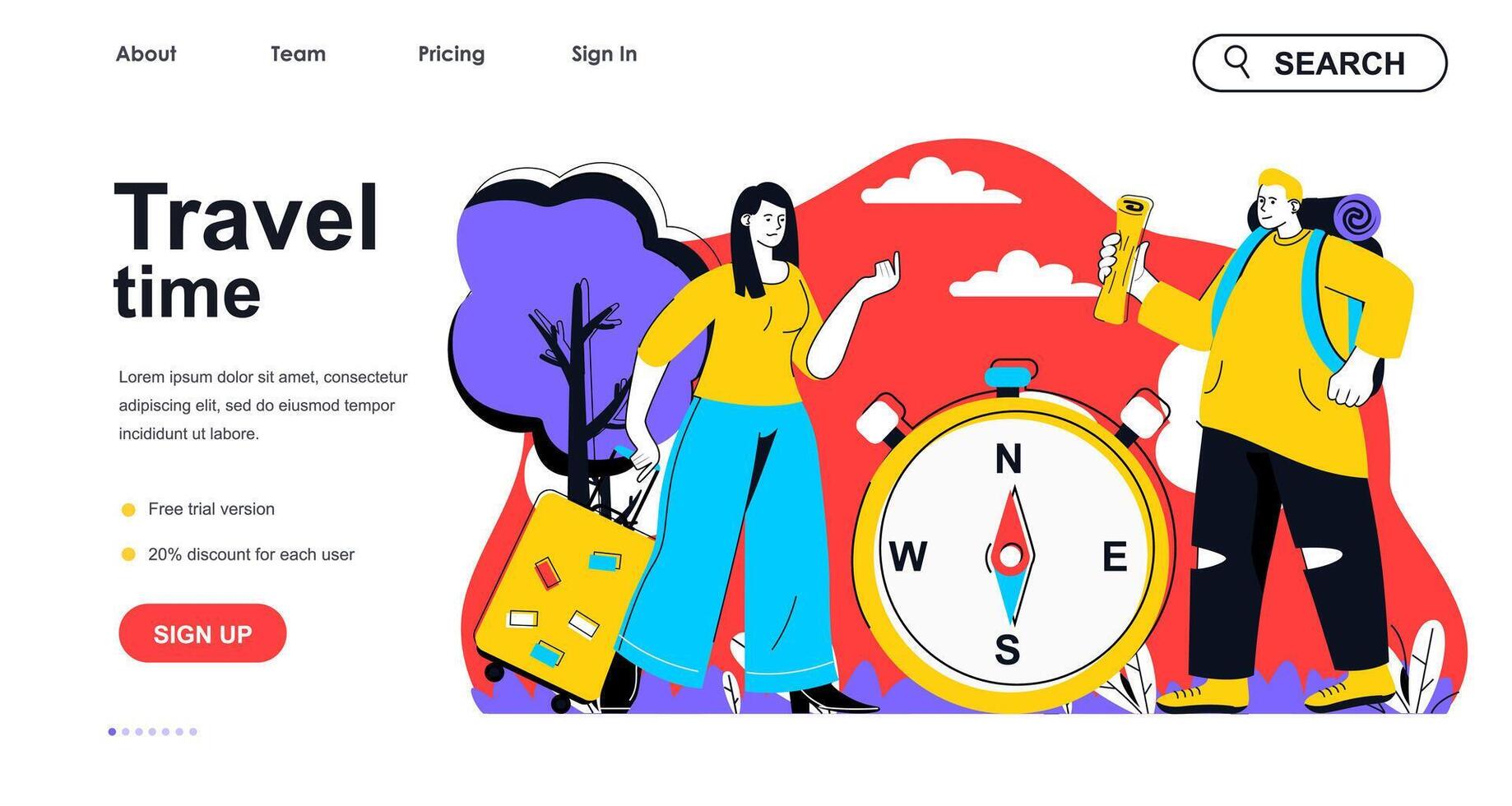 Travel time concept for landing page template. Man and woman with luggages and compass goes on trip. Vacation and tourism people scene. Vector illustration with flat character design for web banner