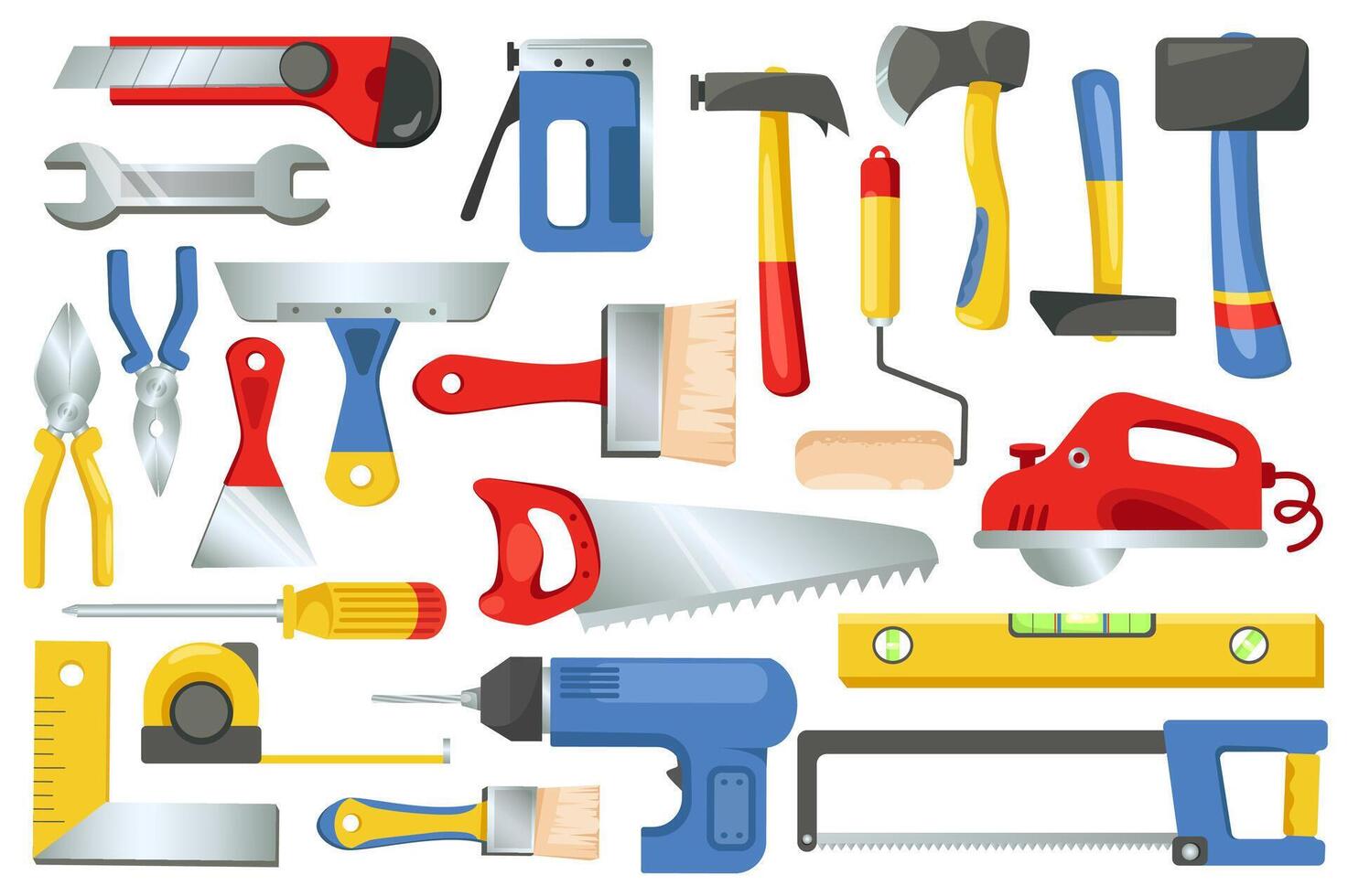Building and repair tools set graphic elements in flat design. Bundle of hammer, paint roller, axe, tape measure, brush, wrench, pliers, screwdriver, saw and other.Vector illustration isolated objects vector
