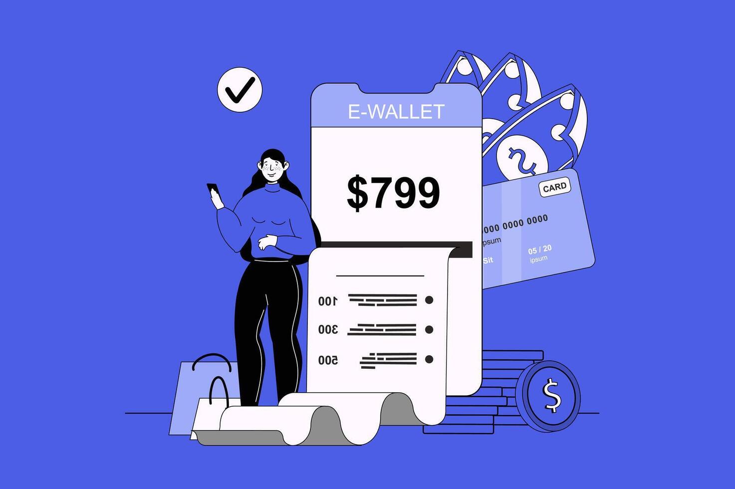 Online payment web concept with character scene in flat design. People make online transactions, using money transfer in app and paying bills. Vector illustration for social media marketing material.