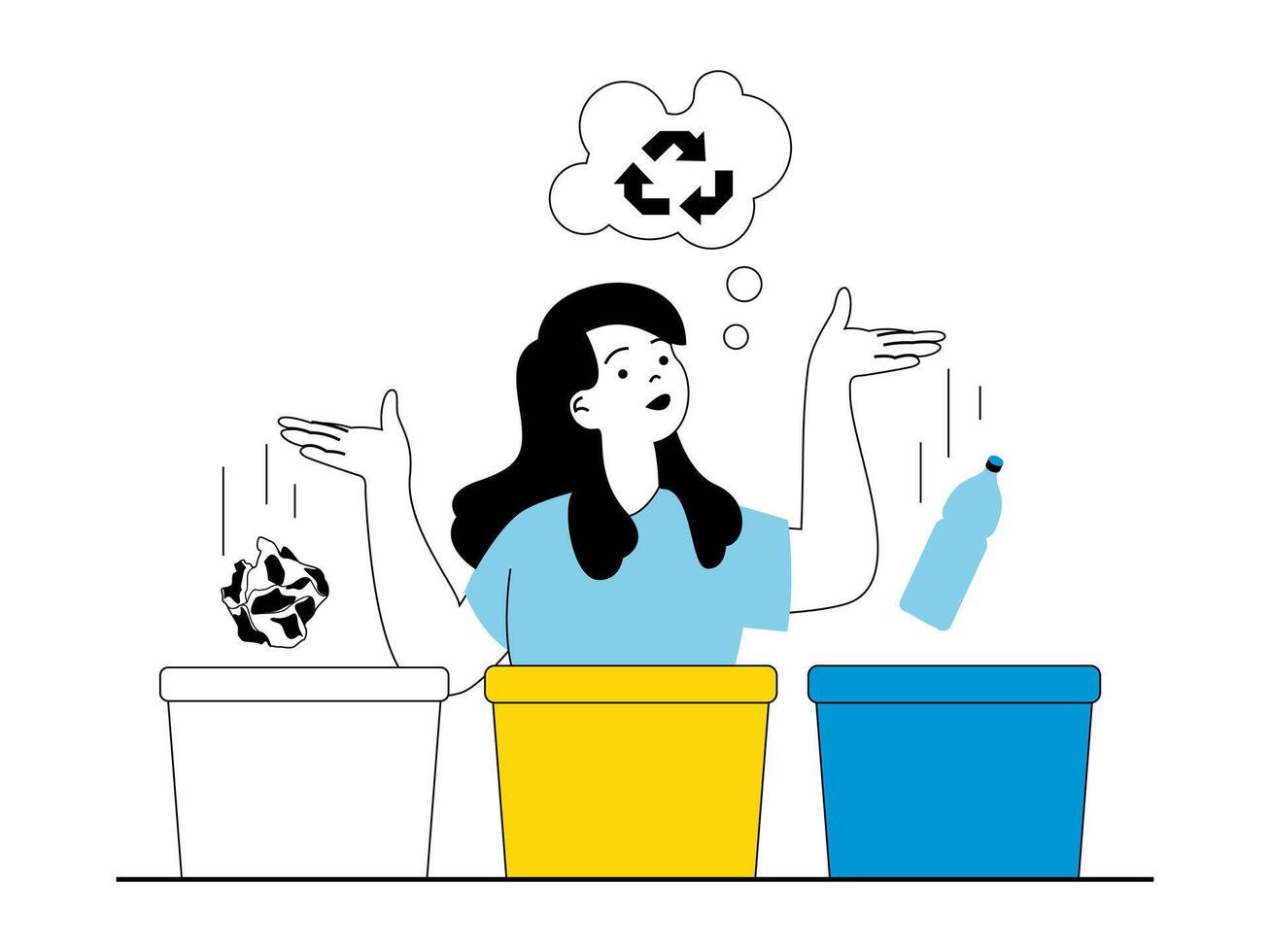 Zero waste concept with character situation. Woman collects, sorts and separates garbage into special containers for recycling and reuse. Vector illustration with people scene in flat design for web