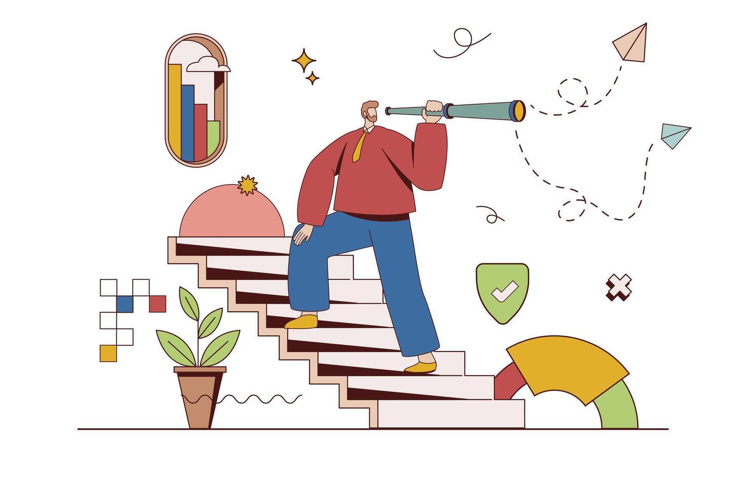 Career opportunity concept with character situation in flat design. Man with spyglass climbs career ladder and looks for better solutions and progress. Vector illustration with people scene for web