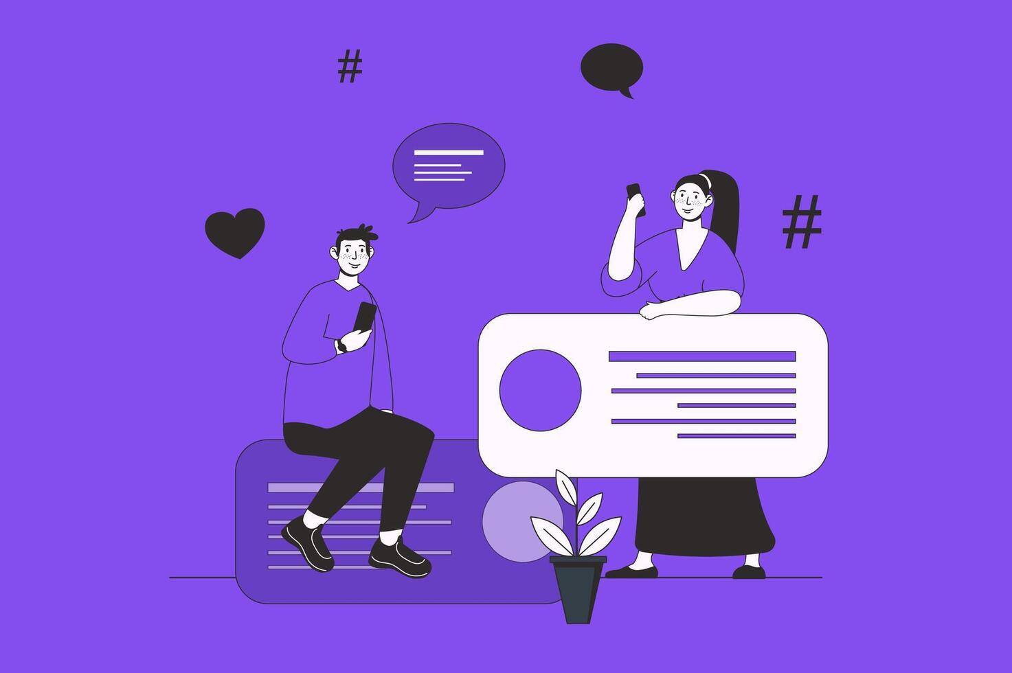 Forum web concept with character scene in flat design. People texting online, leave messages in chat, have conversation in internet community. Vector illustration for social media marketing material.
