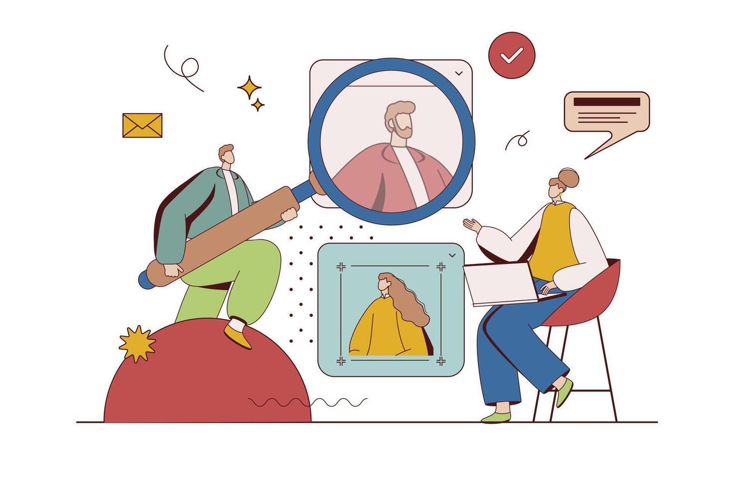 HR process concept with character situation in flat design. Man and woman work as hiring managers, choose best candidates and invite for job interview. Vector illustration with people scene for web