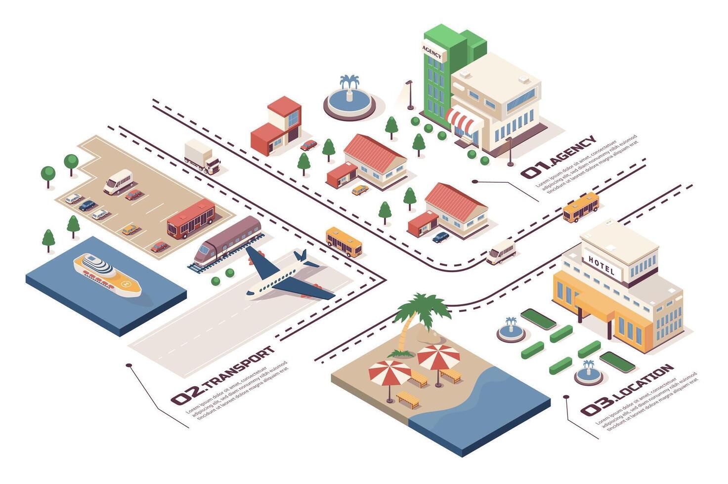 viaje agencia concepto 3d isométrica web infografía flujo de trabajo proceso. infraestructura mapa con empresa oficina, hotel cerca playa, transporte, edificios vector ilustración en isometria gráfico diseño