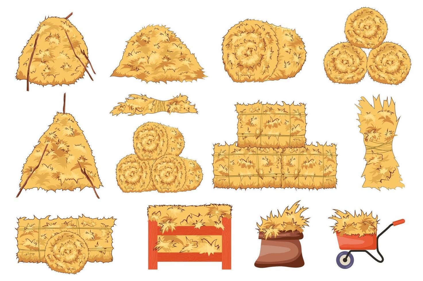 Hay bales set graphic elements in flat design. Bundle of bales of wheat straw of different shapes, roll piles, dried haystacks, store in bag, wheelbarrow or crate. Vector illustration isolated objects