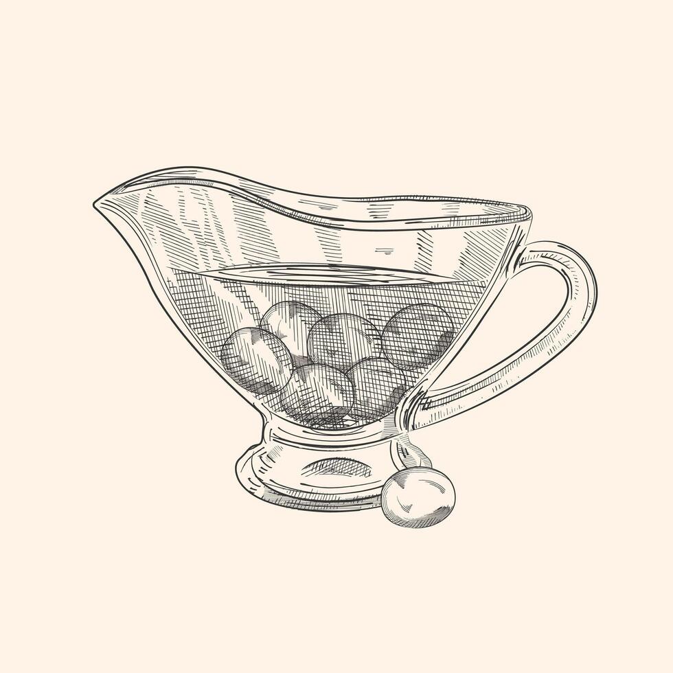 Detailed hand drawn vector black and white illustration of butter in a glass sauce pot. Berries and branches of olives in composition. EPS 10