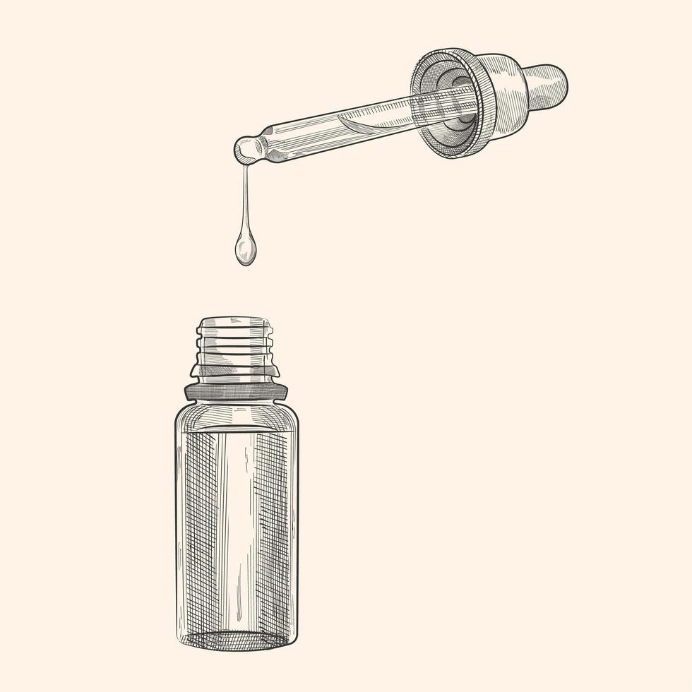 Small medicine or essential oil bottle with pipette vector illustration.