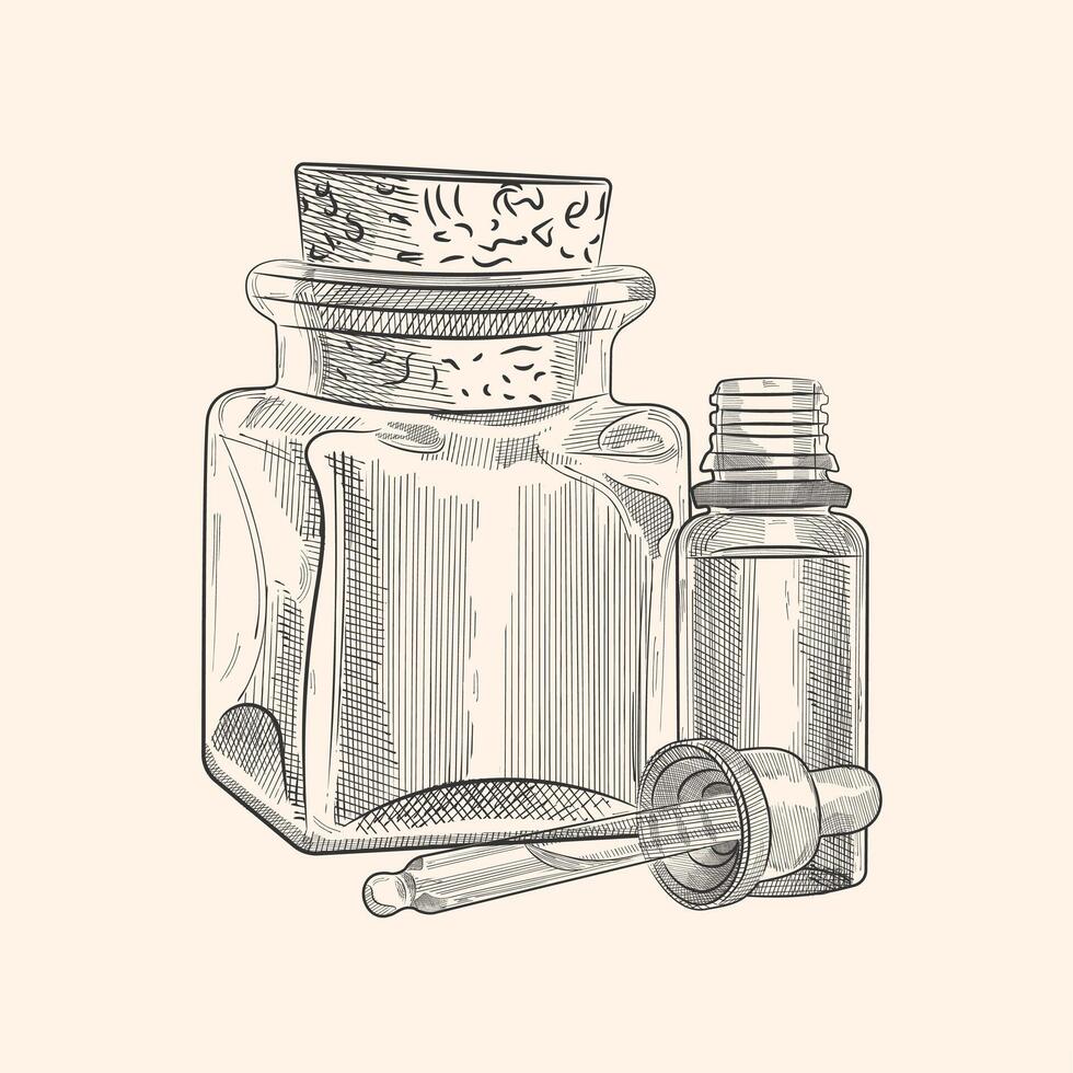 Glass bottles with pipette for cosmetics, oils, serum. The illustration is graphic hand-drawn. Eps vector, isolated objects on white background vector