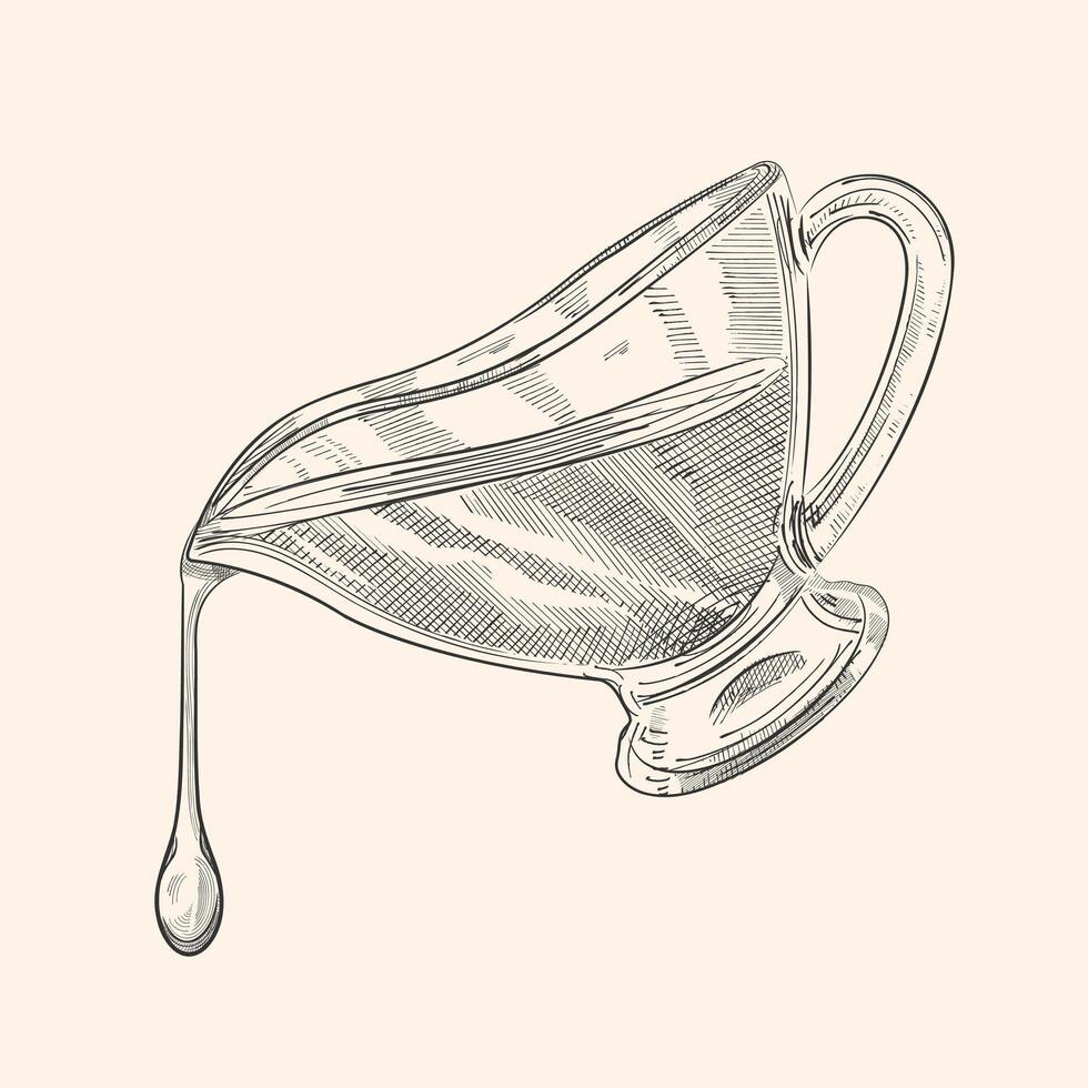 The butter pours from the sauce pan. A stream of oil, a drop of oil. Vector drawing in engraving style