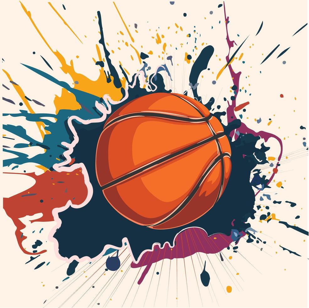 vector ilustración de un baloncesto en pintar salpicar, con dinámica brillante fondo, volador baloncesto, energía todas alrededor