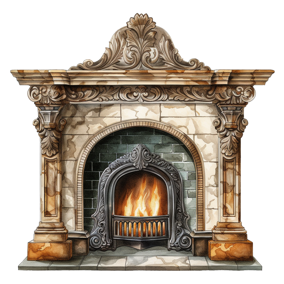 AI generated Vintage fireplace png isolated on transparent background