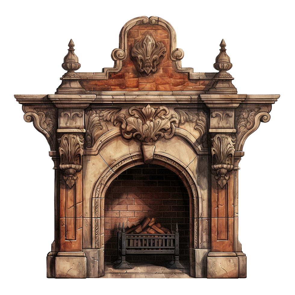 AI generated Vintage fireplace png isolated on transparent background
