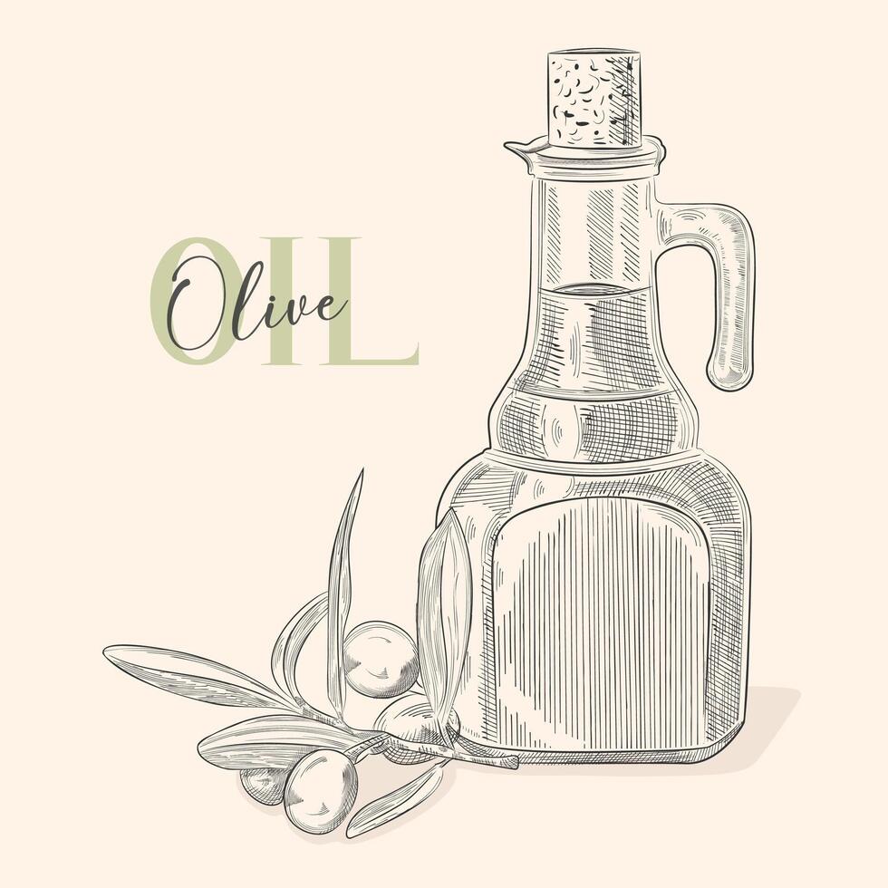 Olives fruit, branch, tree and olive oil bottle sketches set. Hand drawn vector illustrations isolated on white background