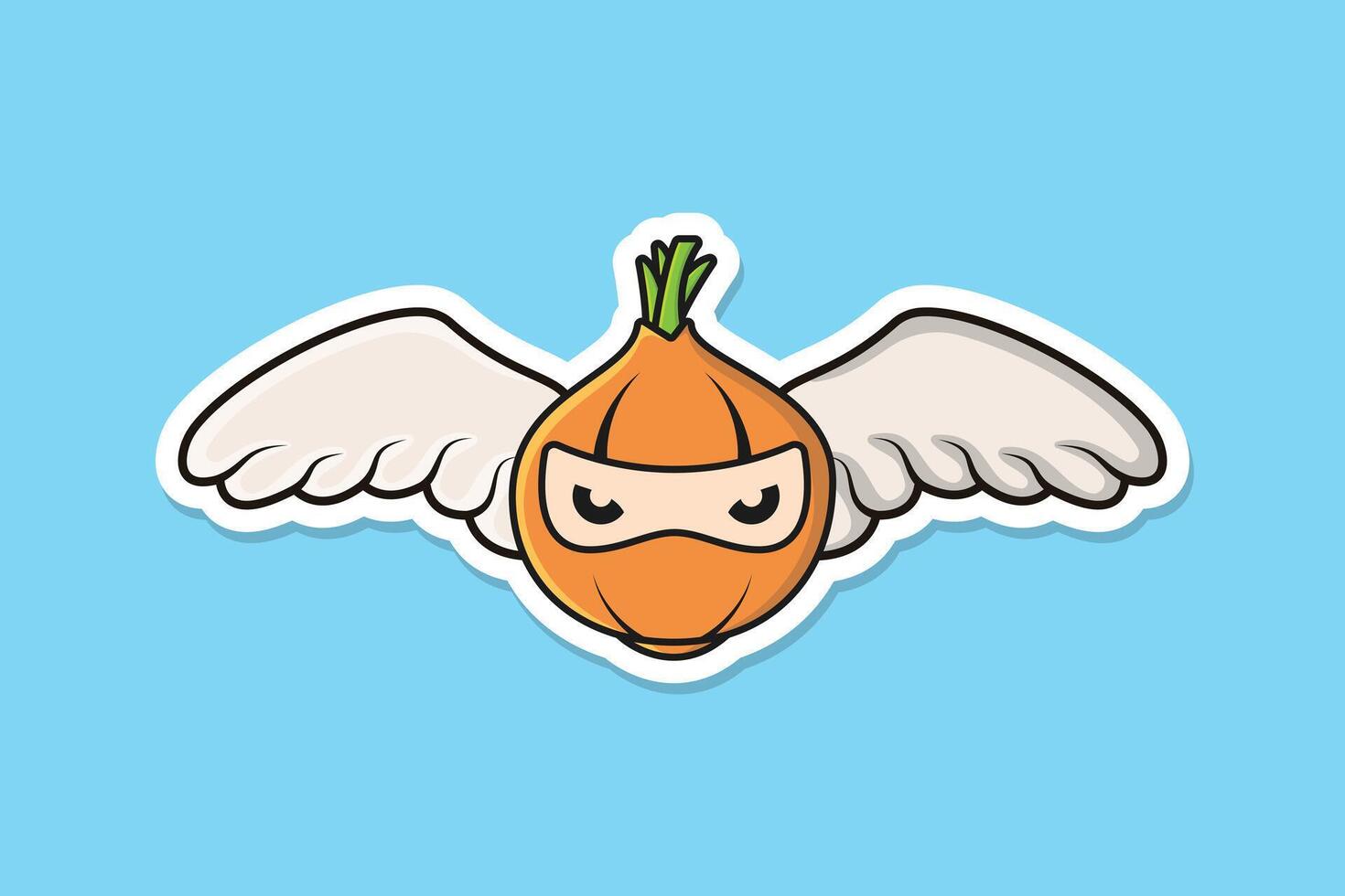 Onion Ninja with Bird Wings Sticker design vector illustration. Food nature icon concept. Onion ninja cartoon character sticker design. Cooking fresh vegetable icon logo.