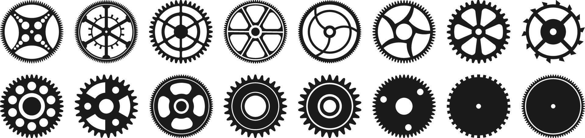 A set of vector icons of gears of various mechanisms and clocks