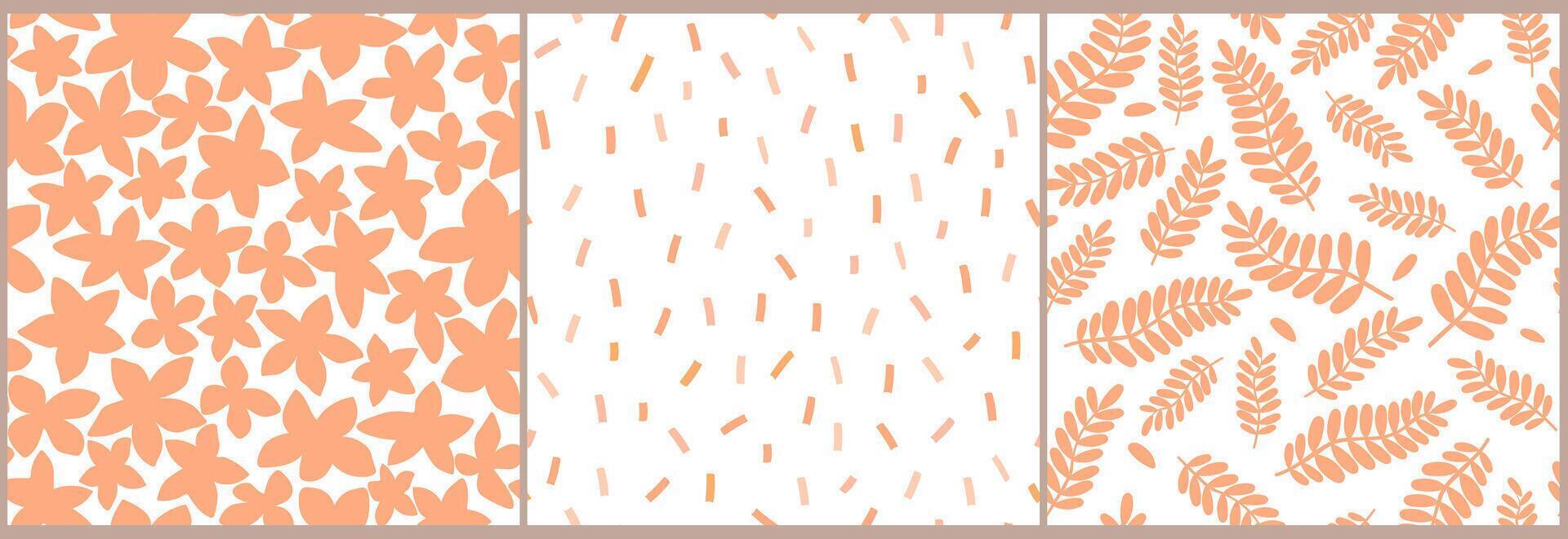 Set of seamless patterns with abstract summer print with silhouettes of blossoms, leaves, petals, plants, simple shapes. Vector graphics.