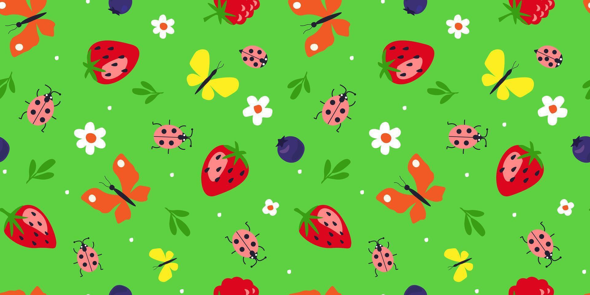 Seamless pattern with summer flowers butterflies, berries, daisies. Abstract baby print. Vector graphics.