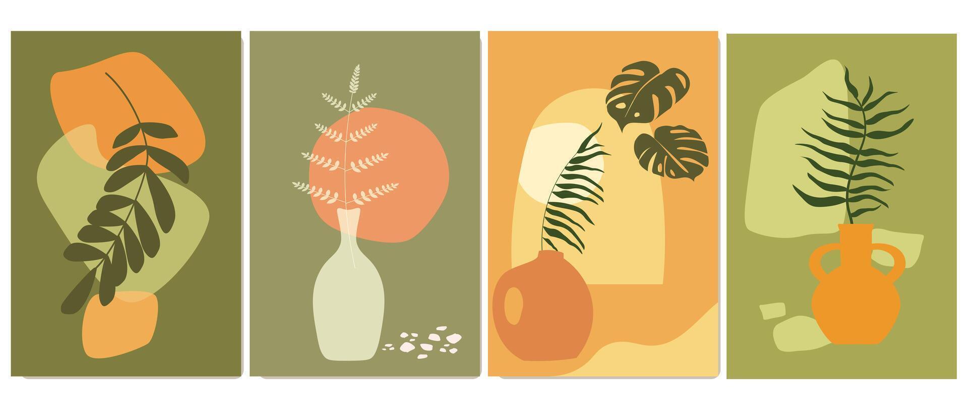 conjunto de resumen carteles con sucursales, tropical hojas, forma libre, natural sencillo diseño. vector gráficos.