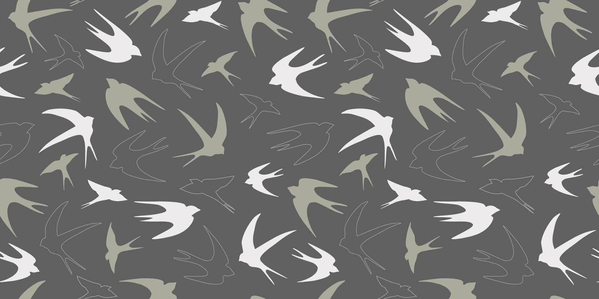 Seamless pattern with silhouettes of birds. Abstract line art swallows in flight. Vector graphics.