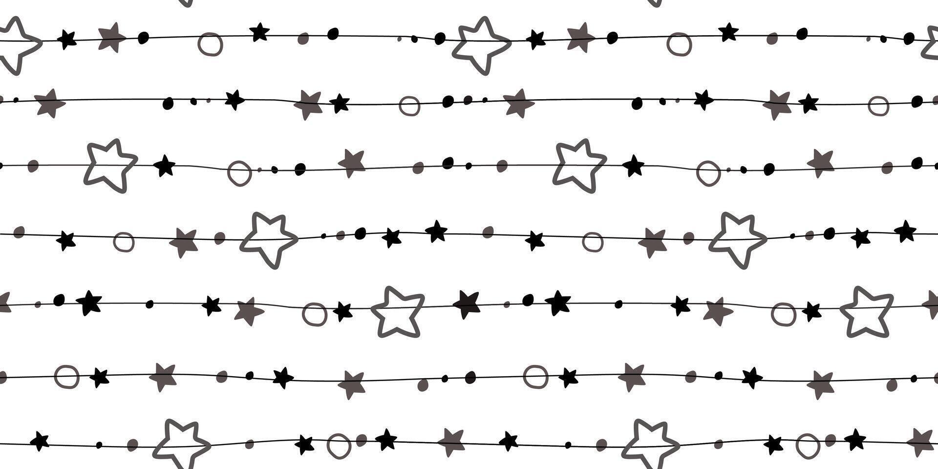 Seamless pattern with lines and stars and dots strung on them. Abstract monochrome print hand draw. Vector graphics.