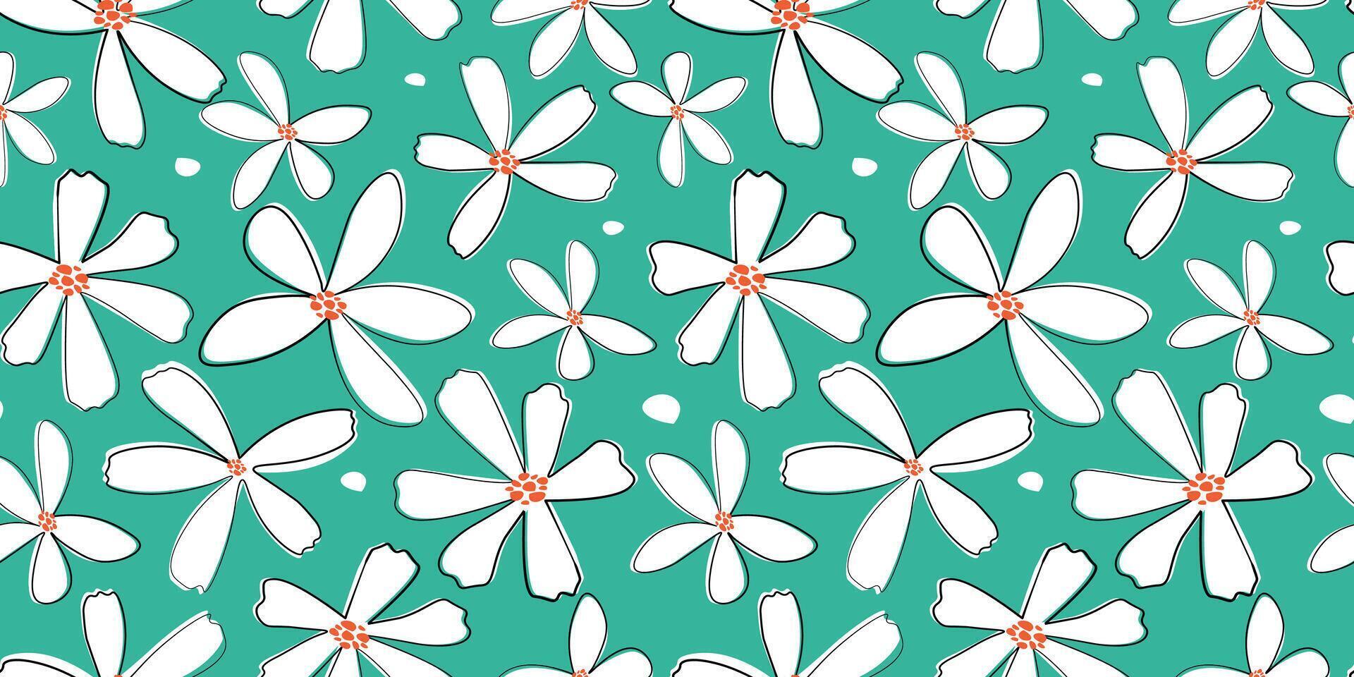 Seamless pattern with abstract flowers, leaves. Summer simple print. Vector graphics.
