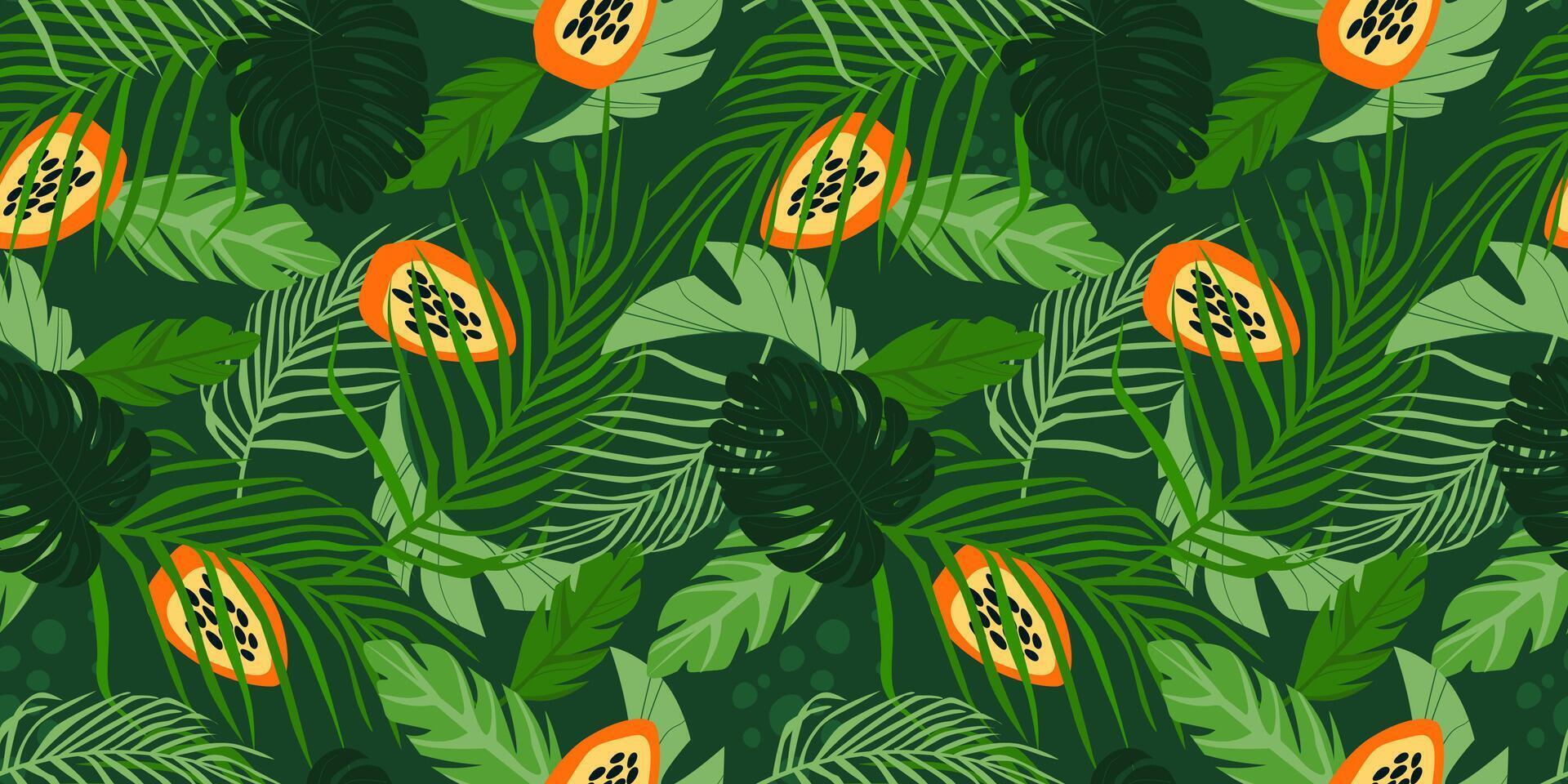 Seamless pattern with exotic tropical branches, leaves, palm trees, fruits. Vector graphics