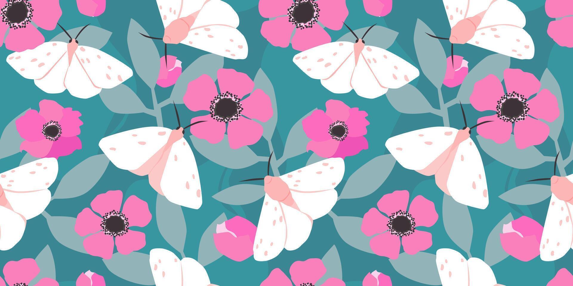 Seamless pattern with butterflies and flowers on a background of leaves. Summer abstract nature print. Vector graphics.