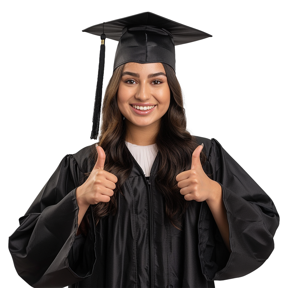 AI generated Young woman with graduation cap and gown and two thumbs up isolated on transparent background png