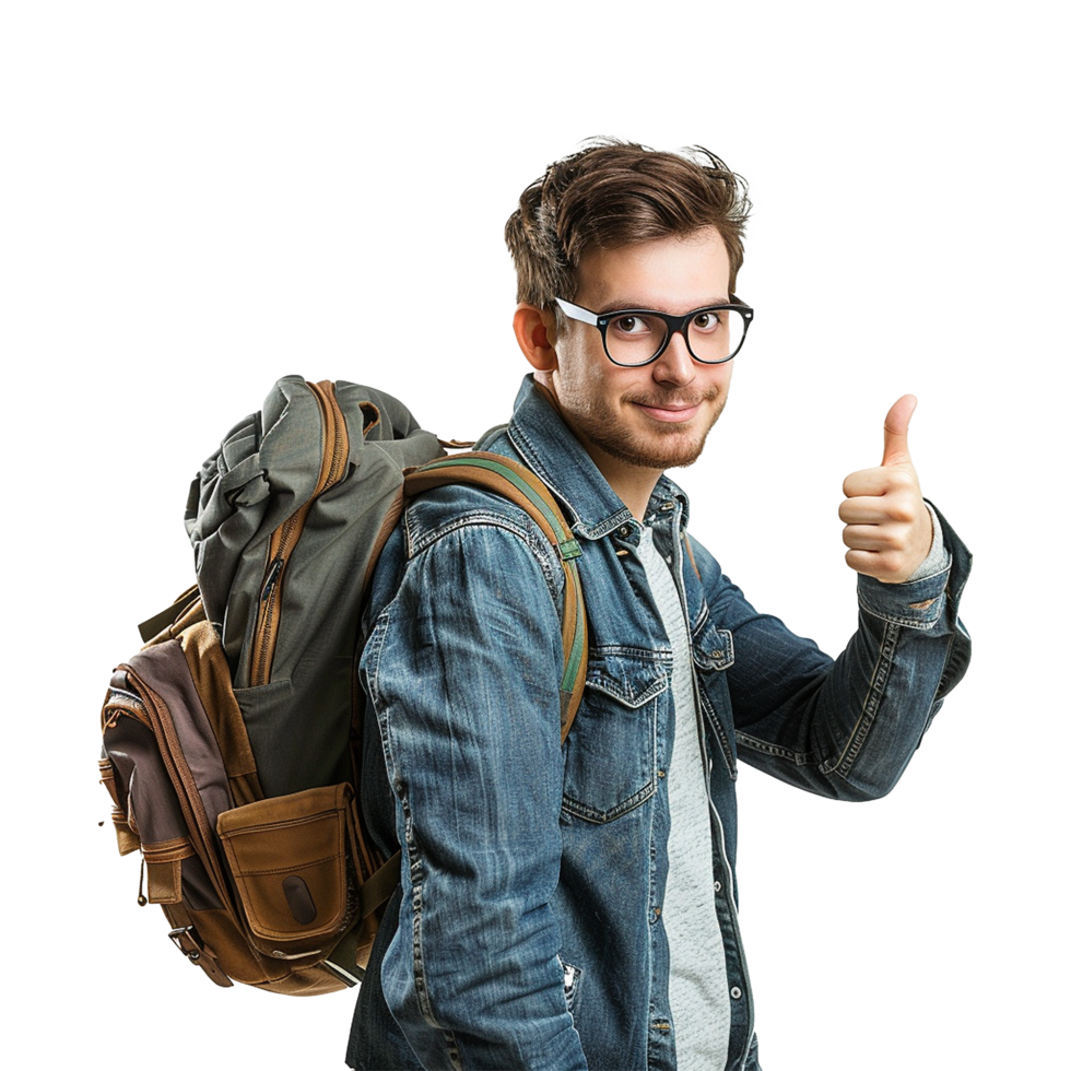 AI generated A man with glasses and a backpack with a thumbs up sign isolated on transparent background png