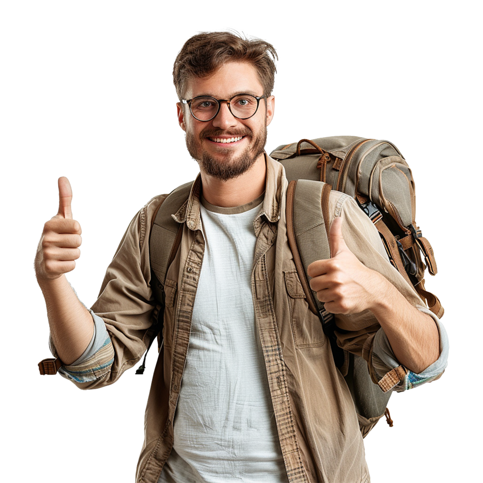 AI generated A man with glasses and a backpack with a thumbs up sign isolated on transparent background png