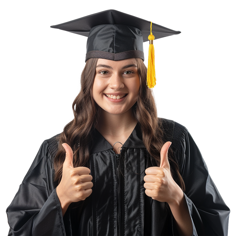 AI generated Young woman with graduation cap and gown and two thumbs up isolated on transparent background png