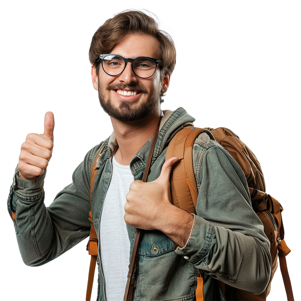 AI generated A man with glasses and a backpack with a thumbs up sign isolated on transparent background png