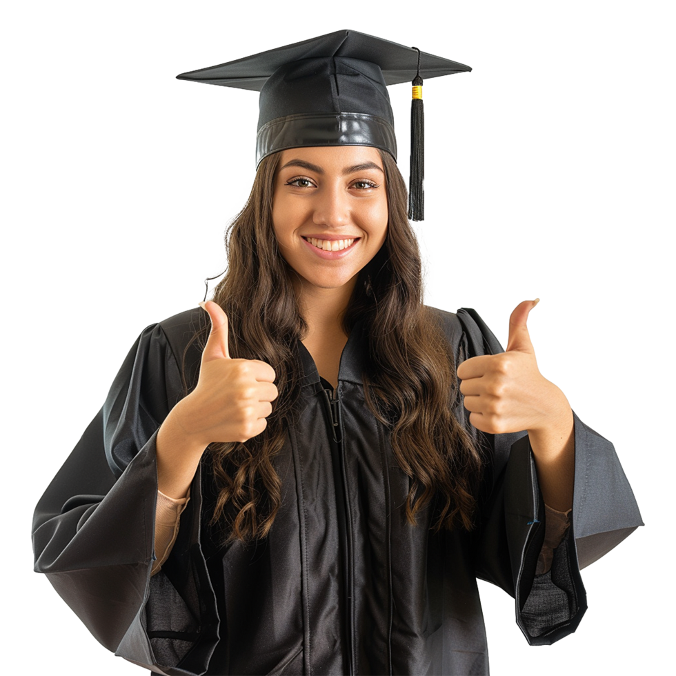 AI generated Young woman with graduation cap and gown and two thumbs up isolated on transparent background png