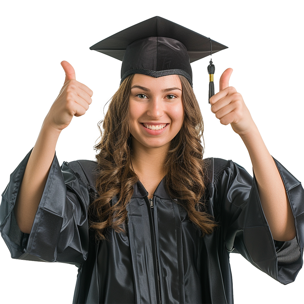 AI generated Young woman with graduation cap and gown and two thumbs up isolated on transparent background png