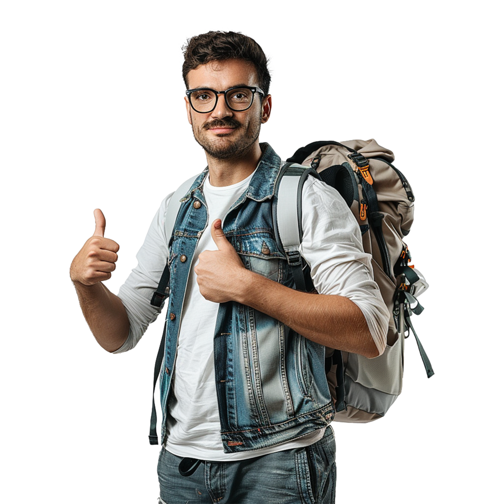 AI generated A man with glasses and a backpack with a thumbs up sign isolated on transparent background png