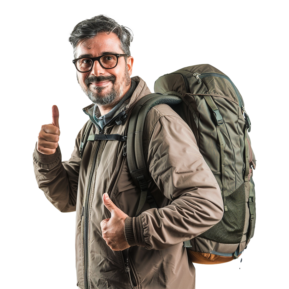 AI generated A man with glasses and a backpack with a thumbs up sign isolated on transparent background png