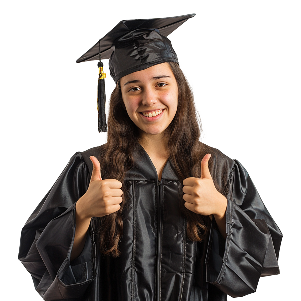 AI generated Young woman with graduation cap and gown and two thumbs up isolated on transparent background png