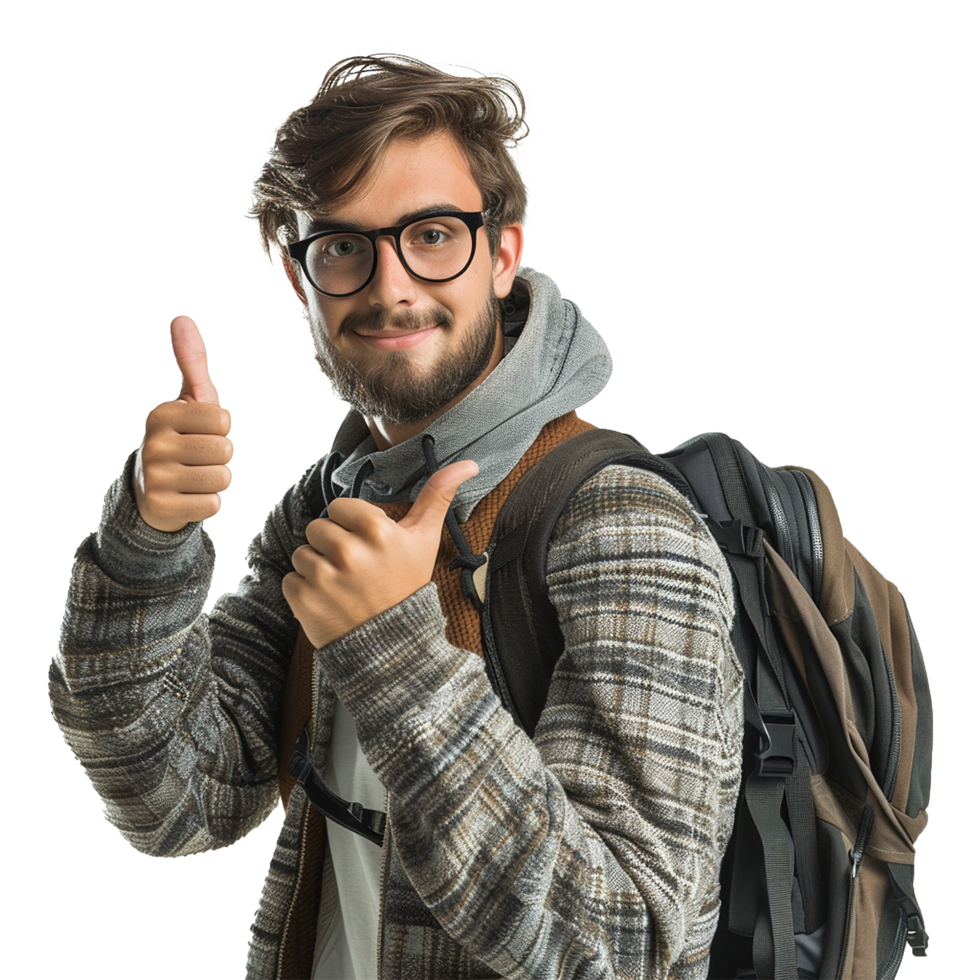 AI generated A man with glasses and a backpack with a thumbs up sign isolated on transparent background png