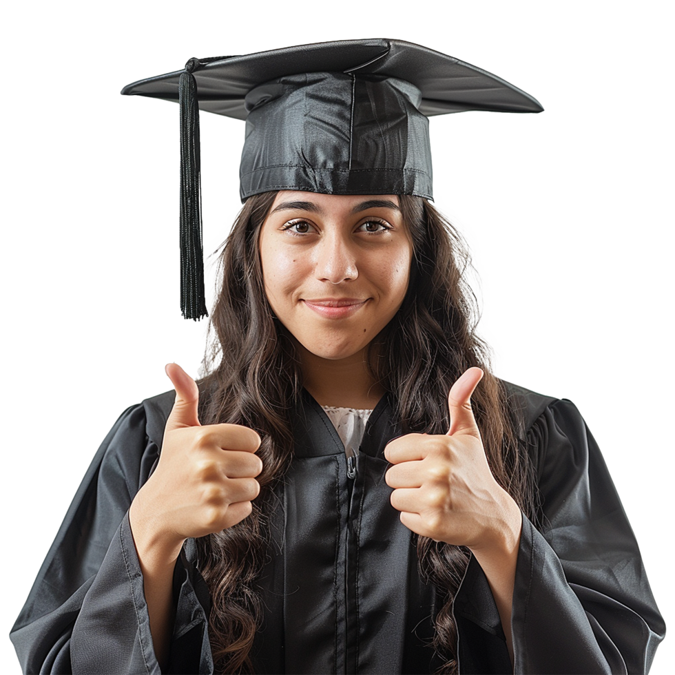 AI generated Young woman with graduation cap and gown and two thumbs up isolated on transparent background png