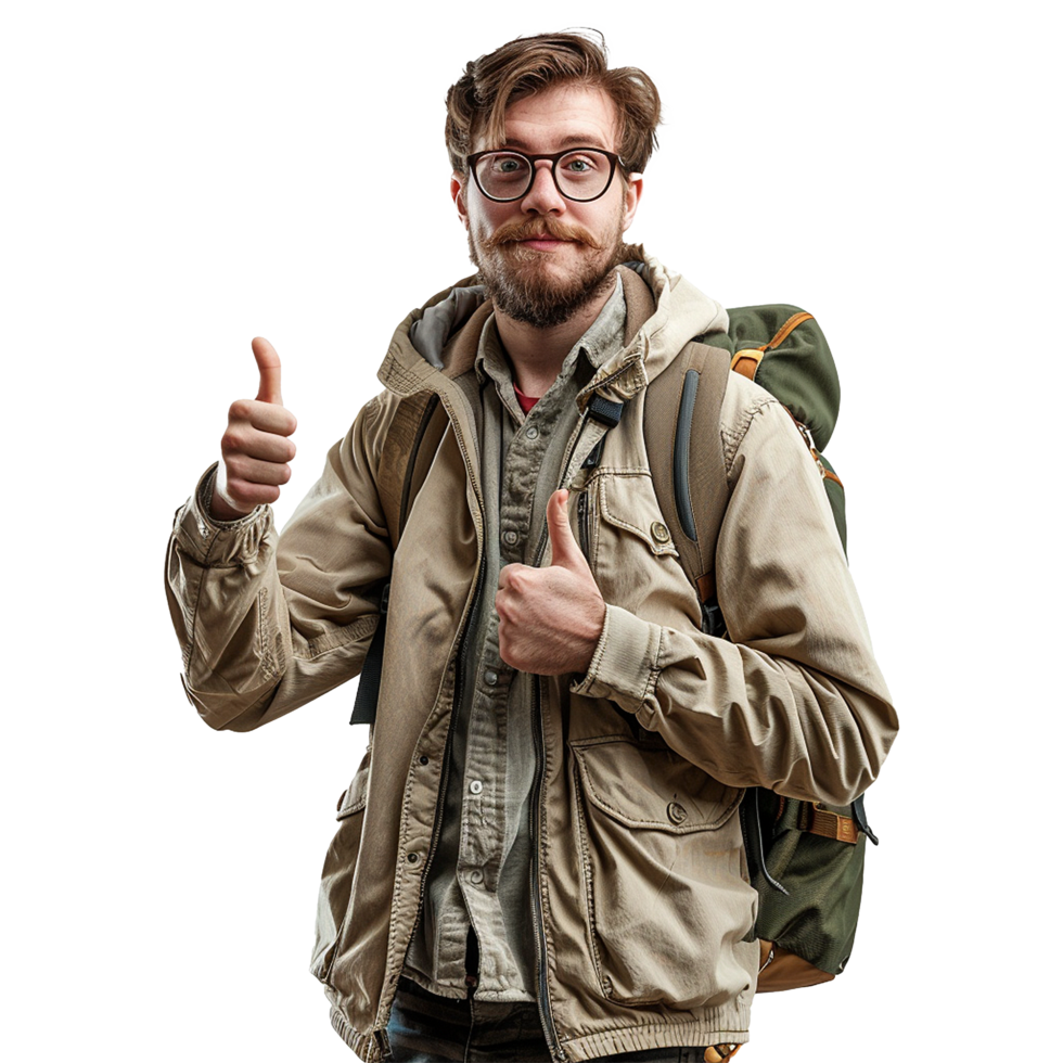 AI generated A man with glasses and a backpack with a thumbs up sign isolated on transparent background png