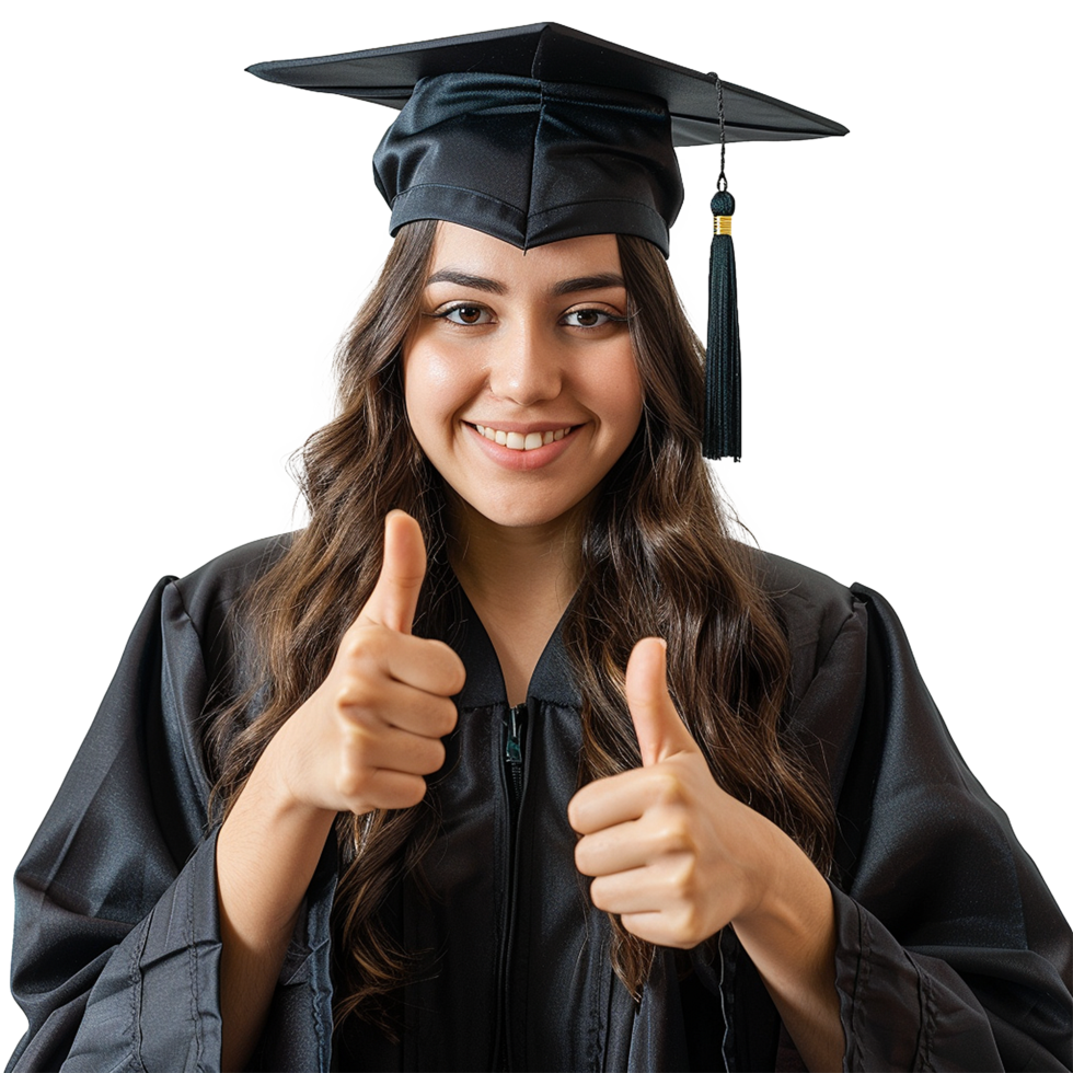 AI generated Young woman with graduation cap and gown and two thumbs up isolated on transparent background png