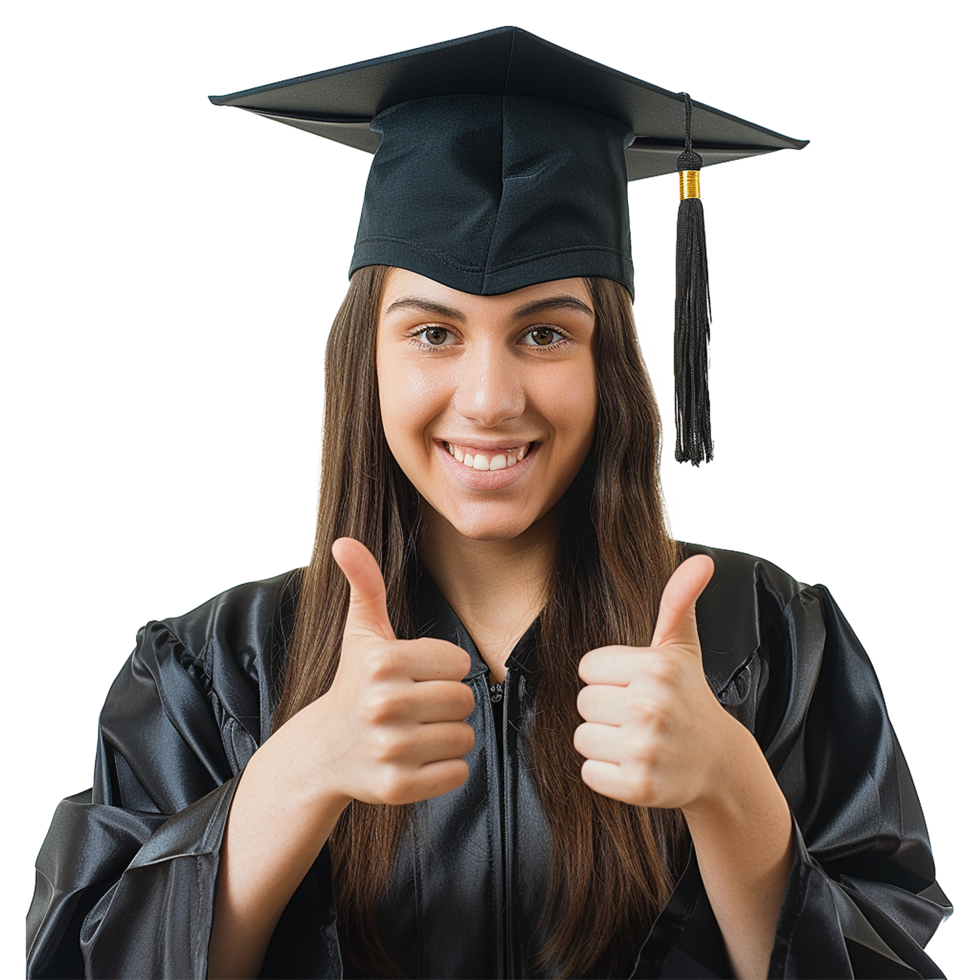 AI generated Young woman with graduation cap and gown and two thumbs up isolated on transparent background png