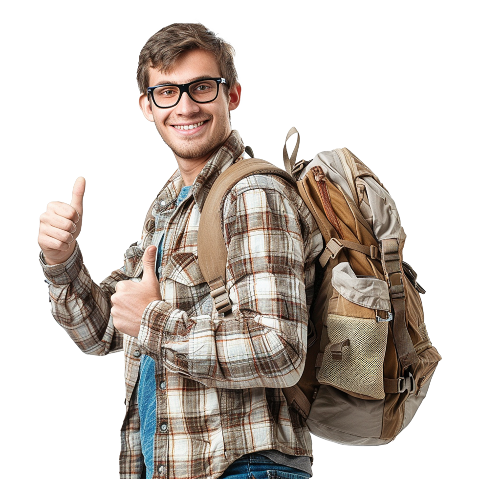 AI generated A man with glasses and a backpack with a thumbs up sign isolated on transparent background png