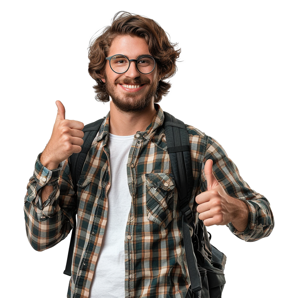 AI generated A man with glasses and a backpack with a thumbs up sign isolated on transparent background png