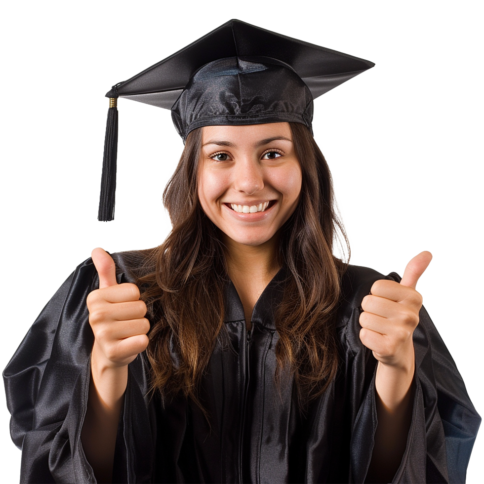 AI generated Young woman with graduation cap and gown and two thumbs up isolated on transparent background png