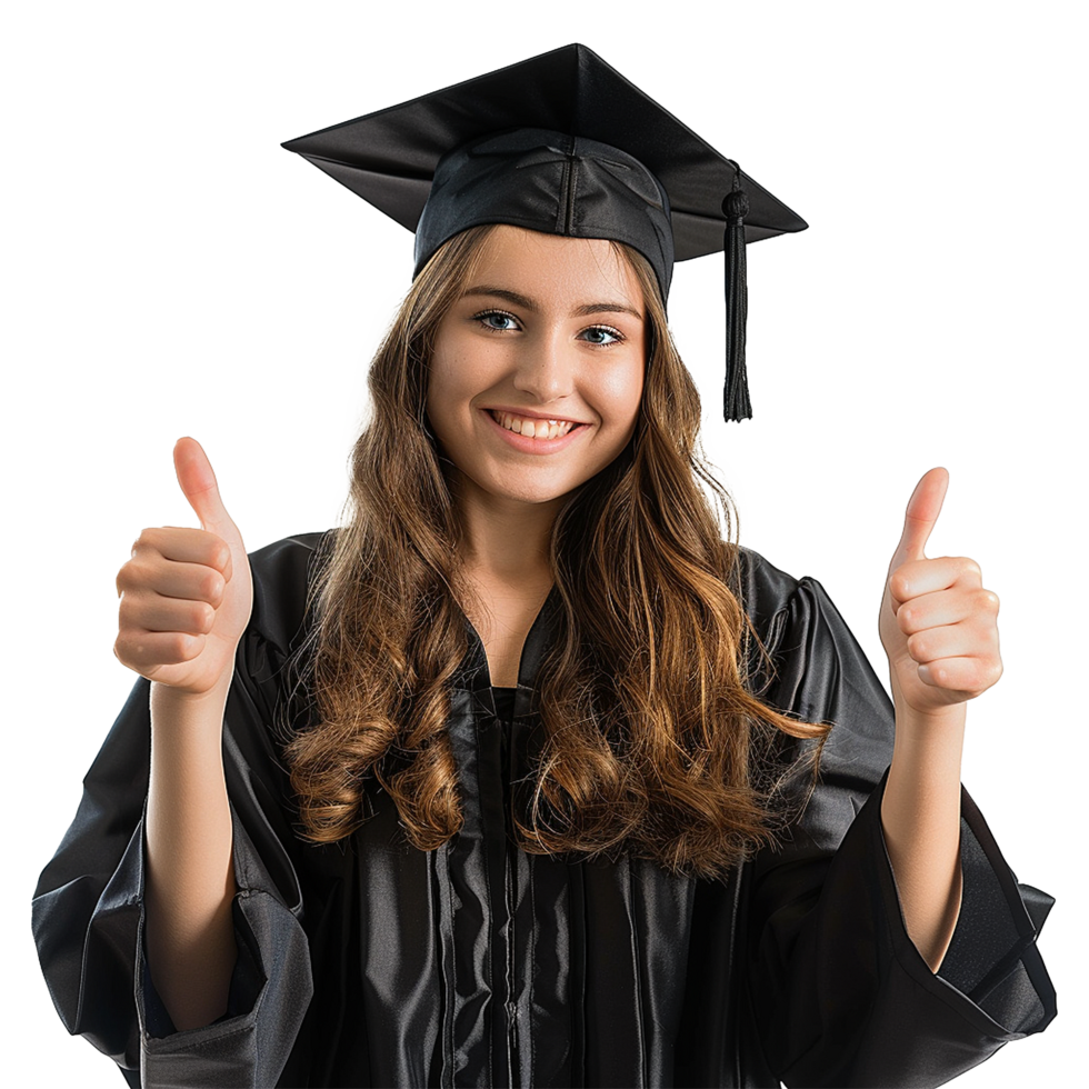 AI generated Young woman with graduation cap and gown and two thumbs up isolated on transparent background png