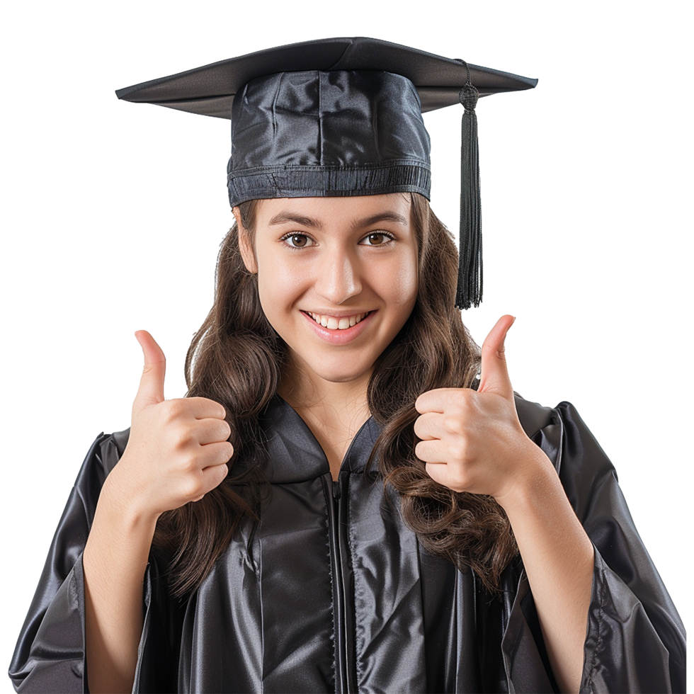 AI generated Young woman with graduation cap and gown and two thumbs up isolated on transparent background png