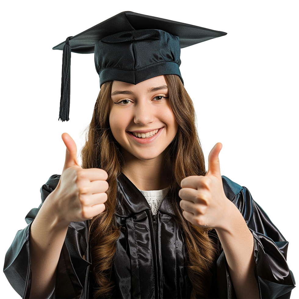 AI generated Young woman with graduation cap and gown and two thumbs up isolated on transparent background png