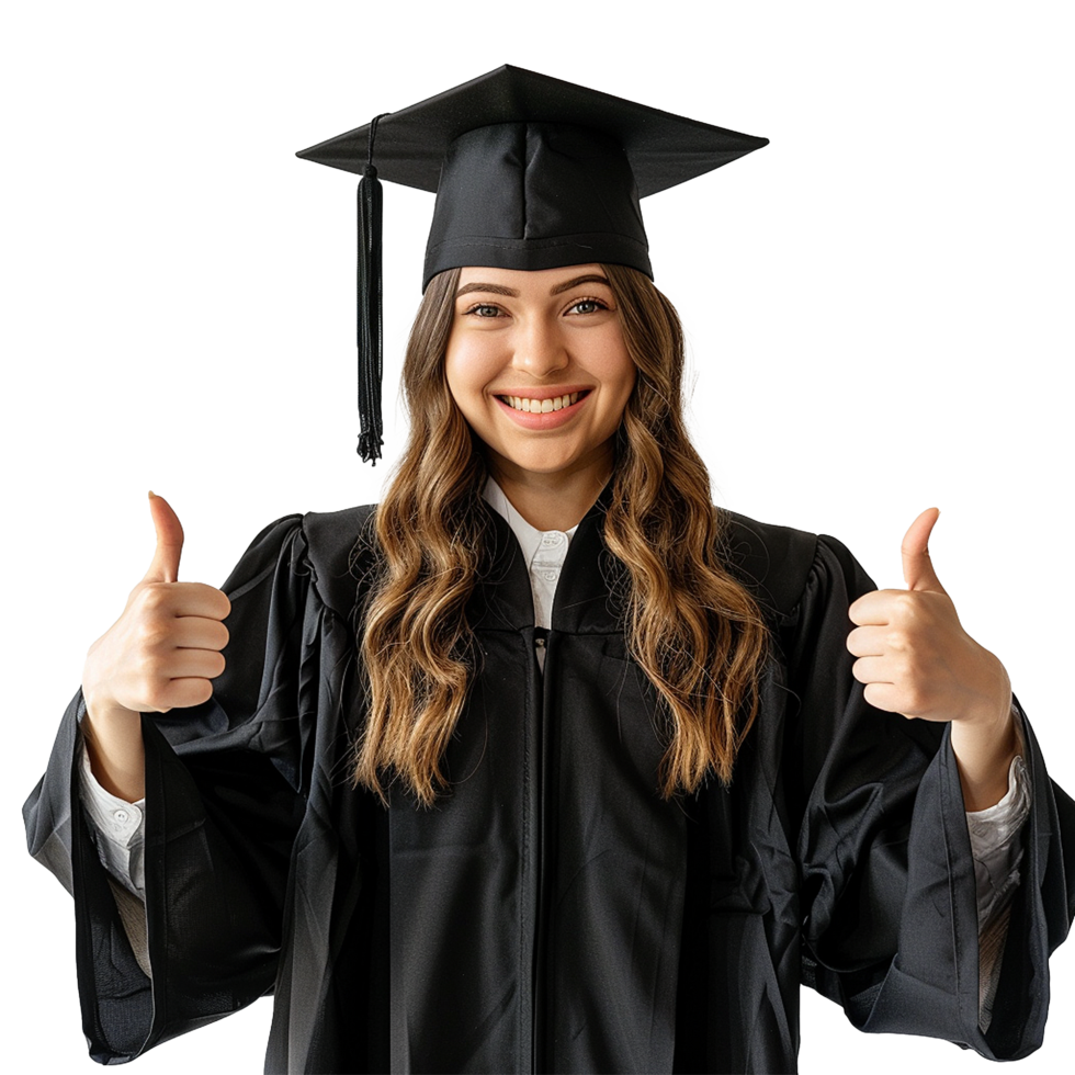 AI generated Young woman with graduation cap and gown and two thumbs up isolated on transparent background png
