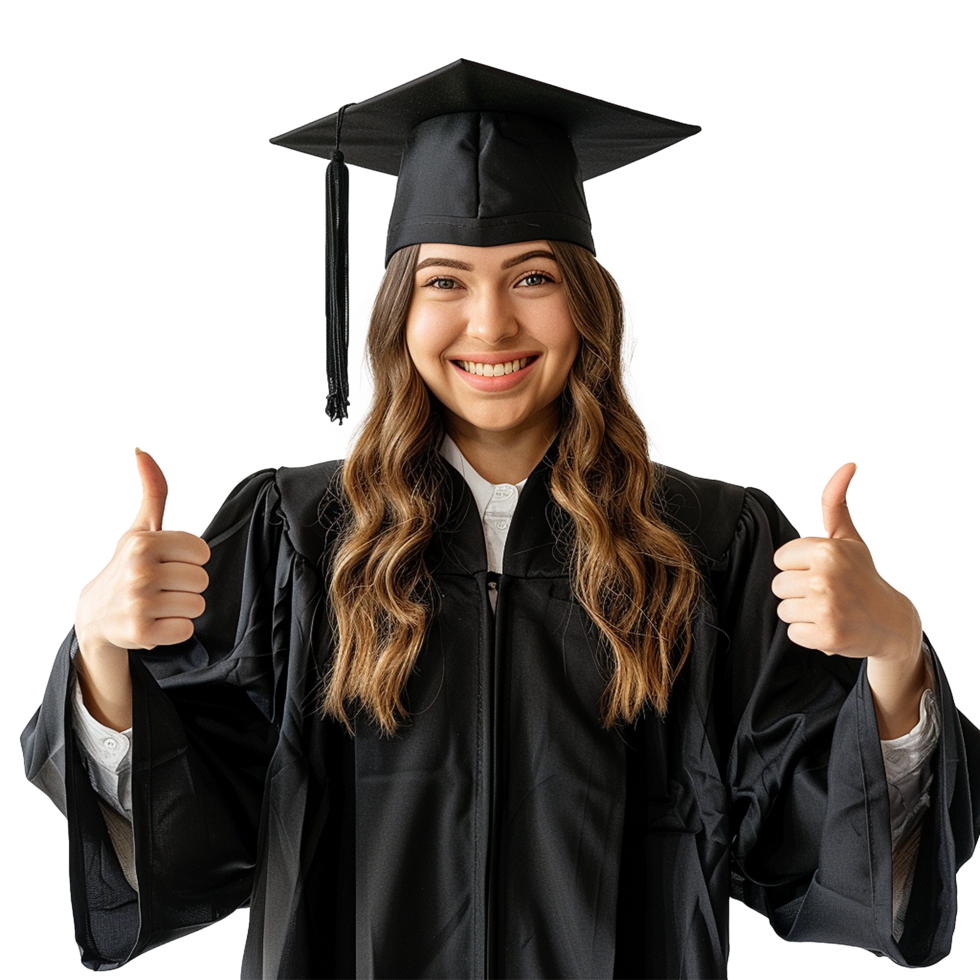 ai generado joven mujer con graduación gorra y vestido y dos pulgares arriba aislado en transparente antecedentes png